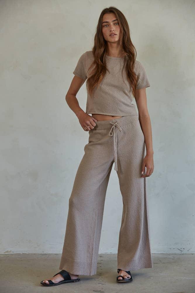Beige knit crop top and wide-leg drawstring pants for coastal PNW style