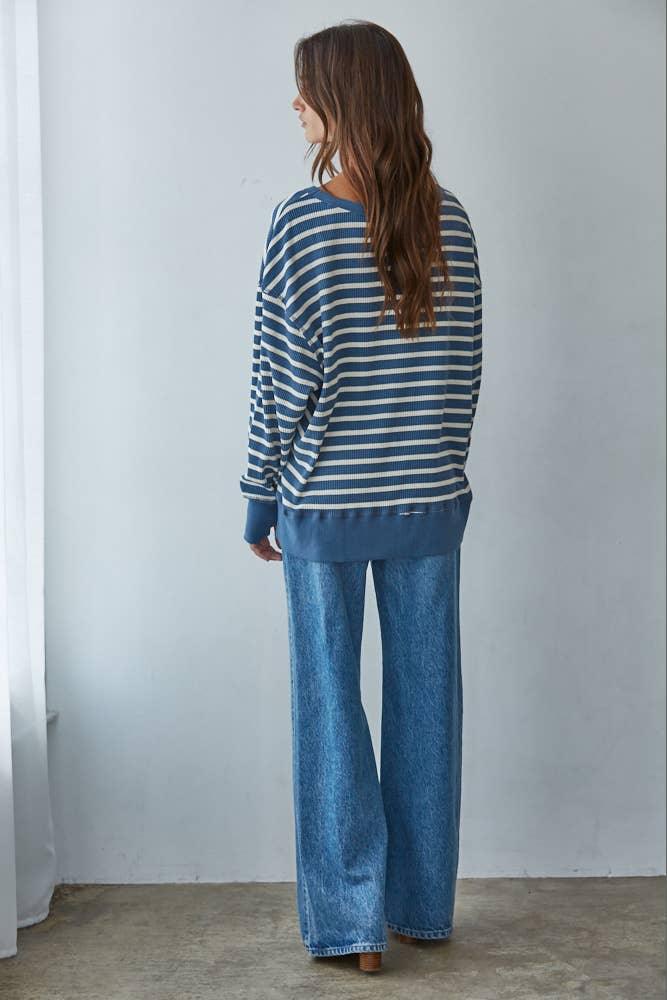 L9220 | Knit Cotton Spandex Striped Thermal Pullover