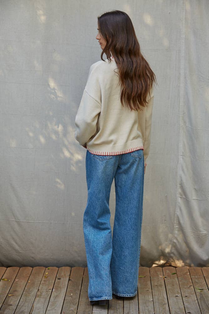 W2683 | Knit Sweater Cotton Acrylic Round Neck Long Sleeve