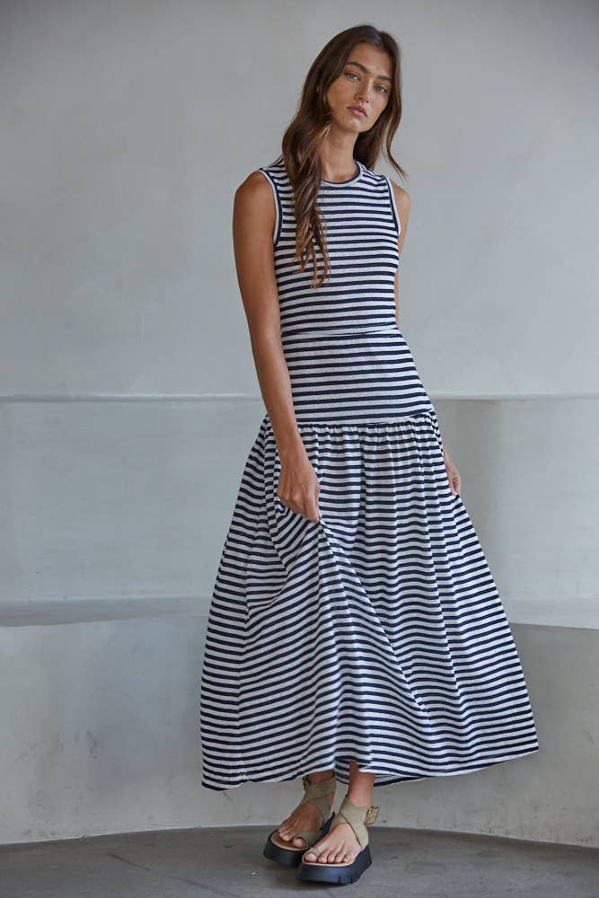 L9163 | Knit Polyester Cotton Rayon Striped Sleeveless Midi