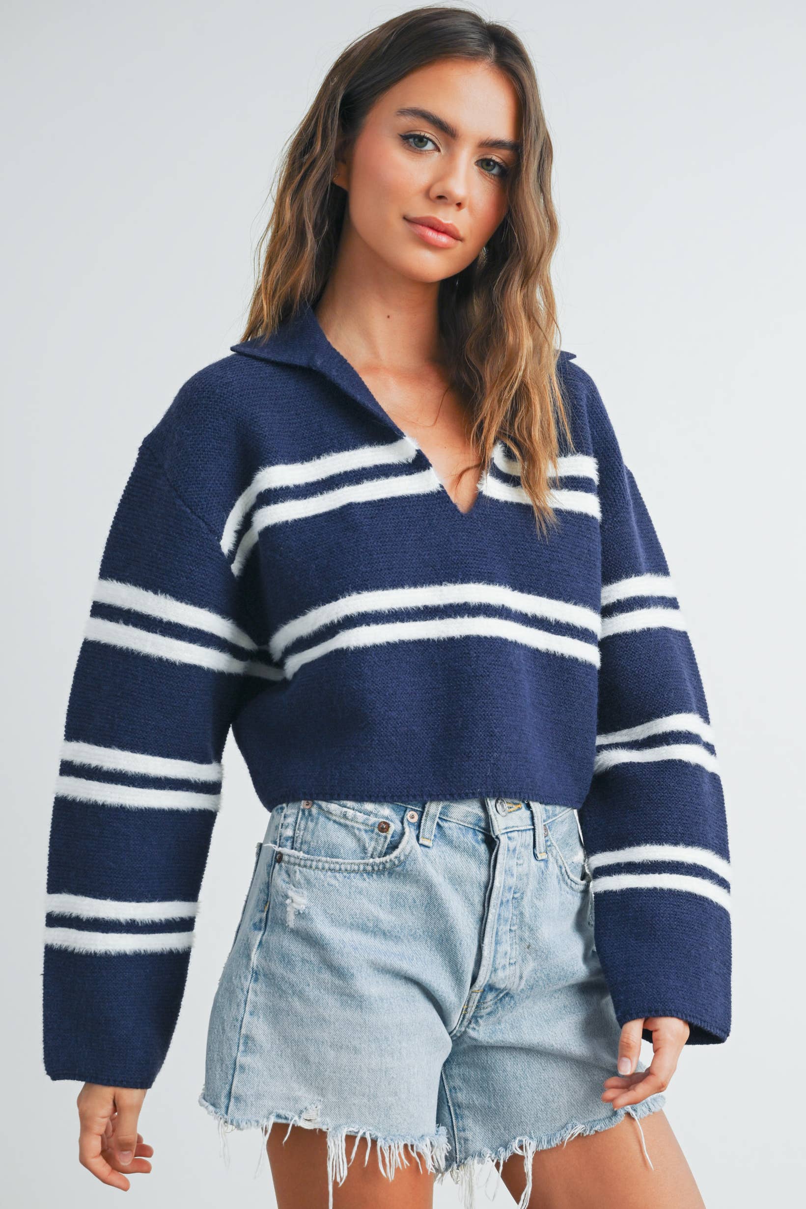 ButterMelonStripe Crop Collar Sweater Top - BMW7393