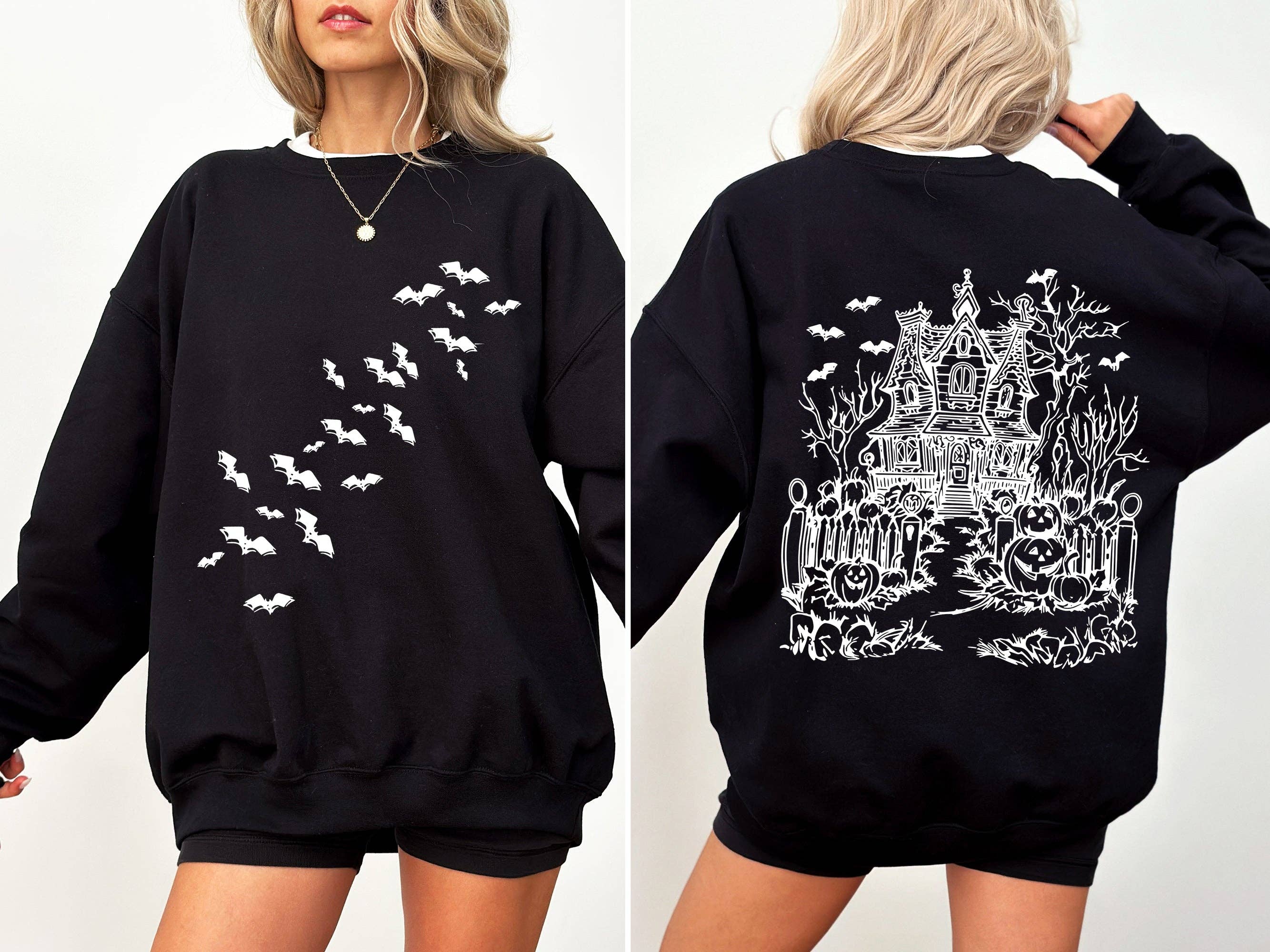 Haunted House, Front and Back, Halloween, Bats Sweatshirt