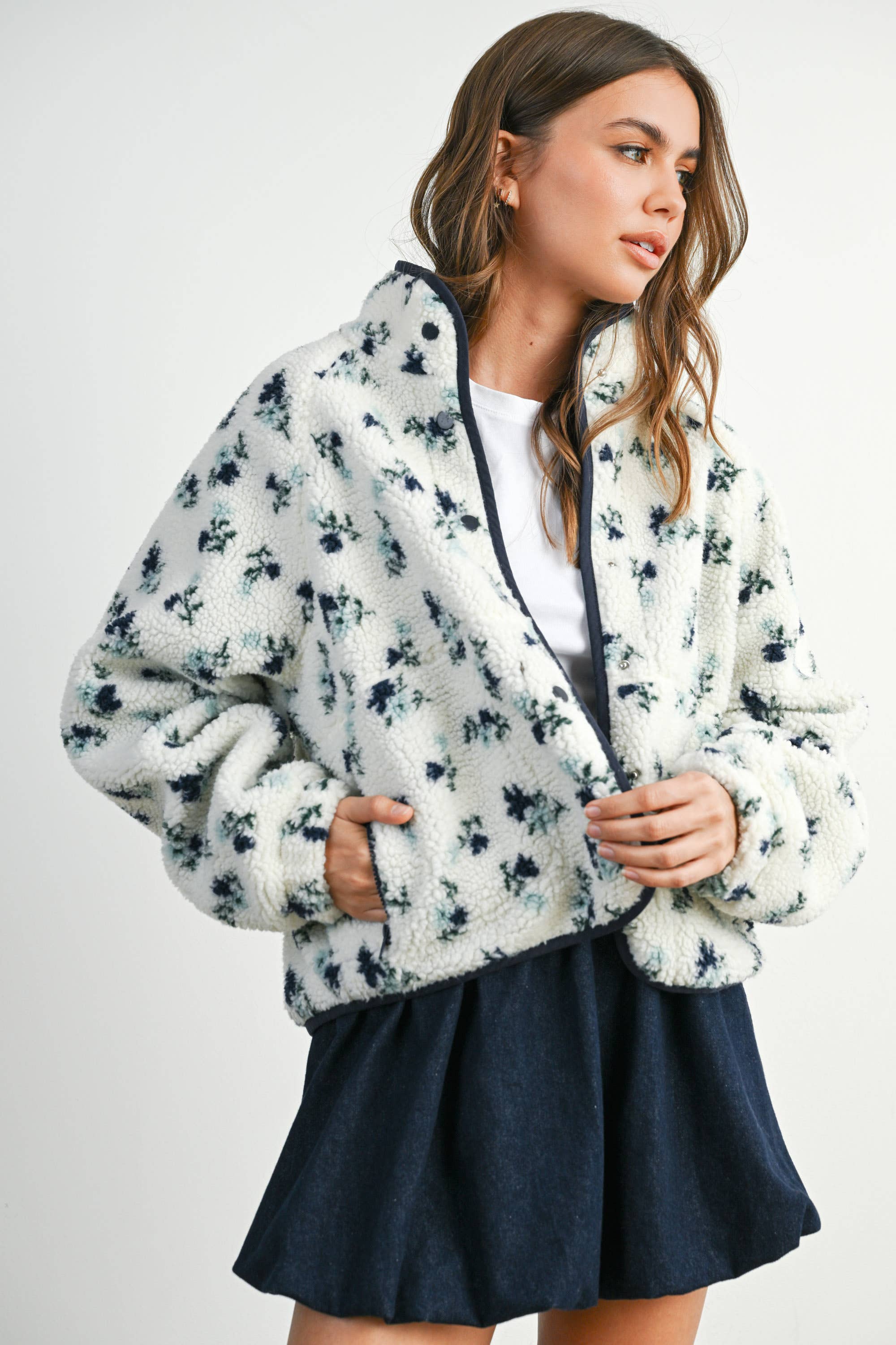 Floral Print Fluffy Fleece Jacket - BMJ7811