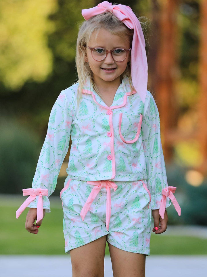 Christmas Tree &amp; Bow Print Girls Pajama Set