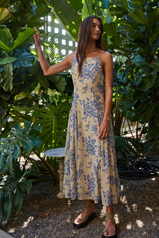 L9751 | Woven Polyester Chiffon Floral Print Midi Dress