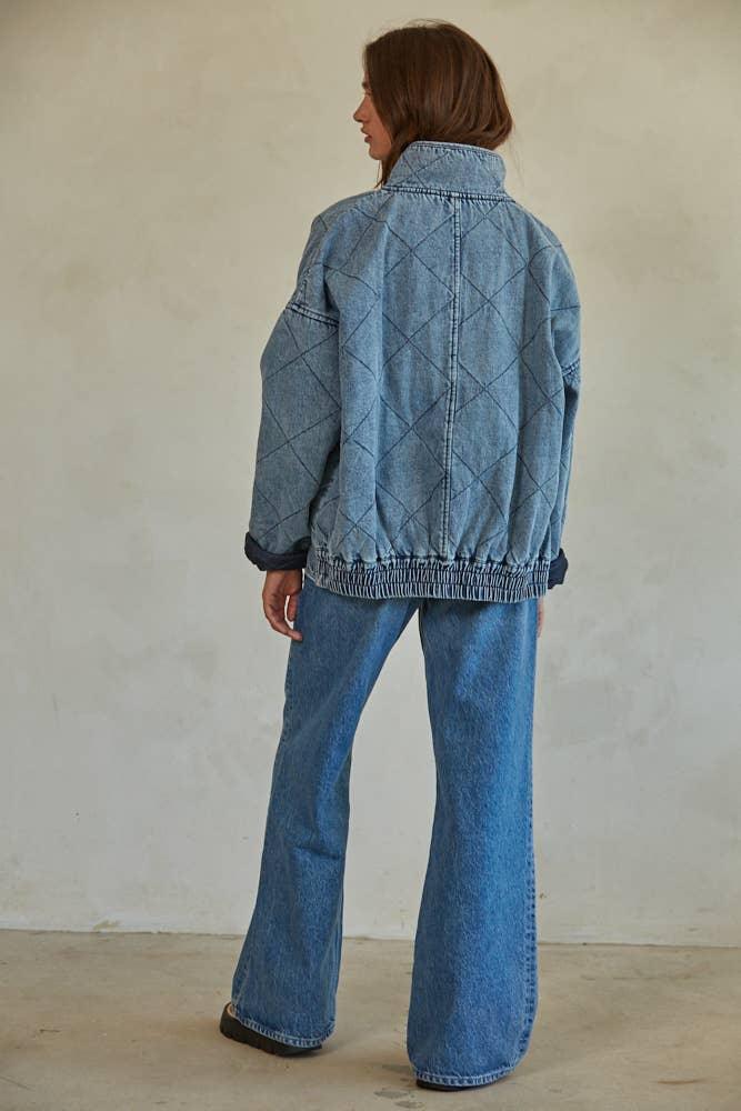 Quilted denim jacket with wide-leg jeans, coastal outdoor style