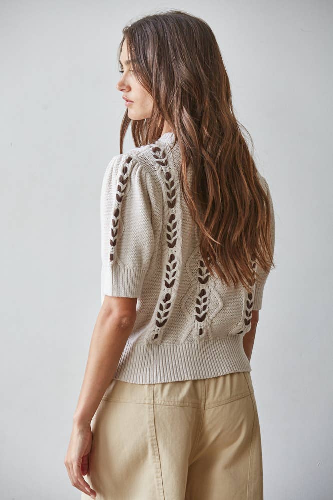 W2559 | Knit Sweater Contrast Stitch Quarter Sleeve Pullover