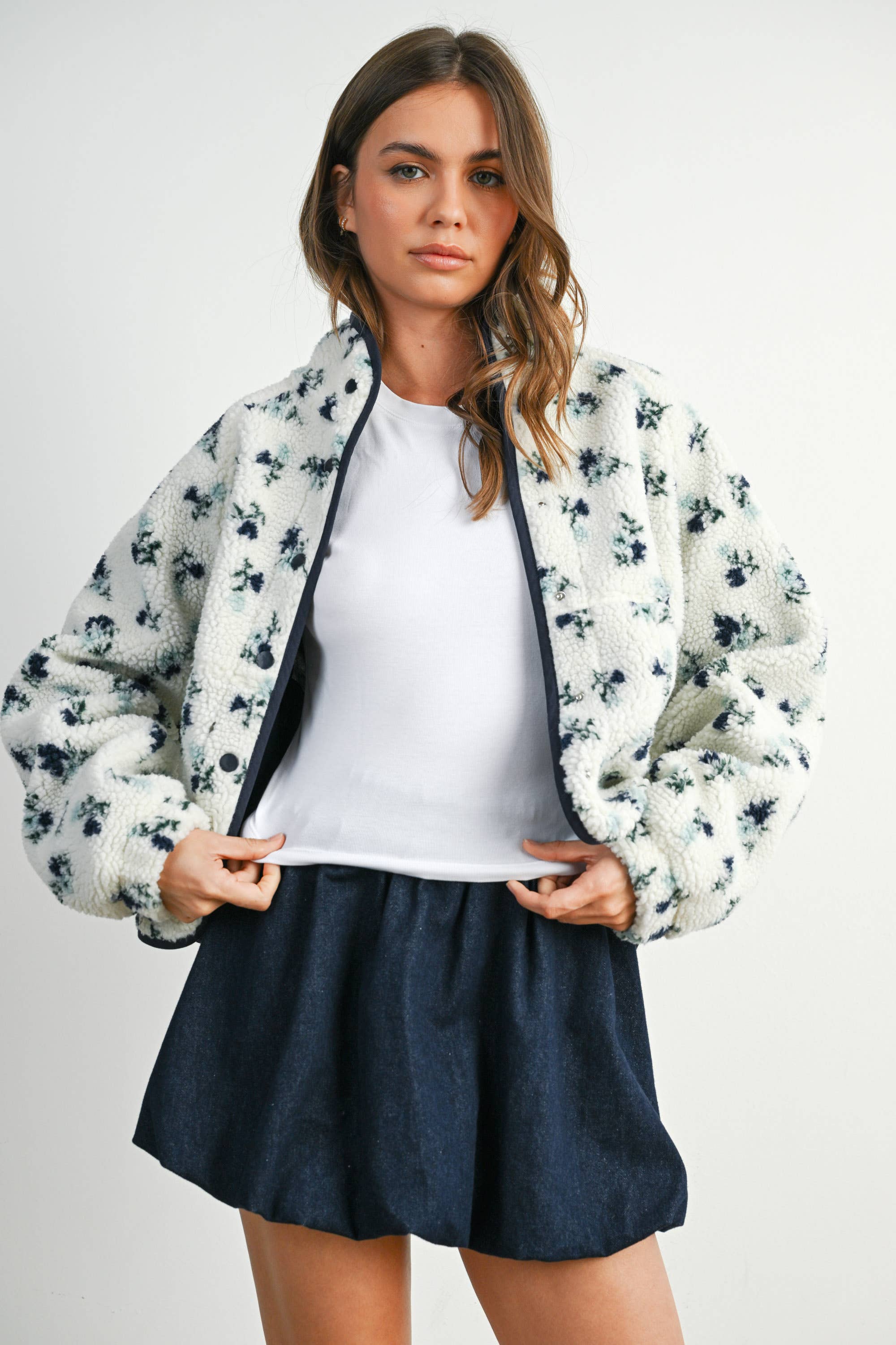 Floral Print Fluffy Fleece Jacket - BMJ7811