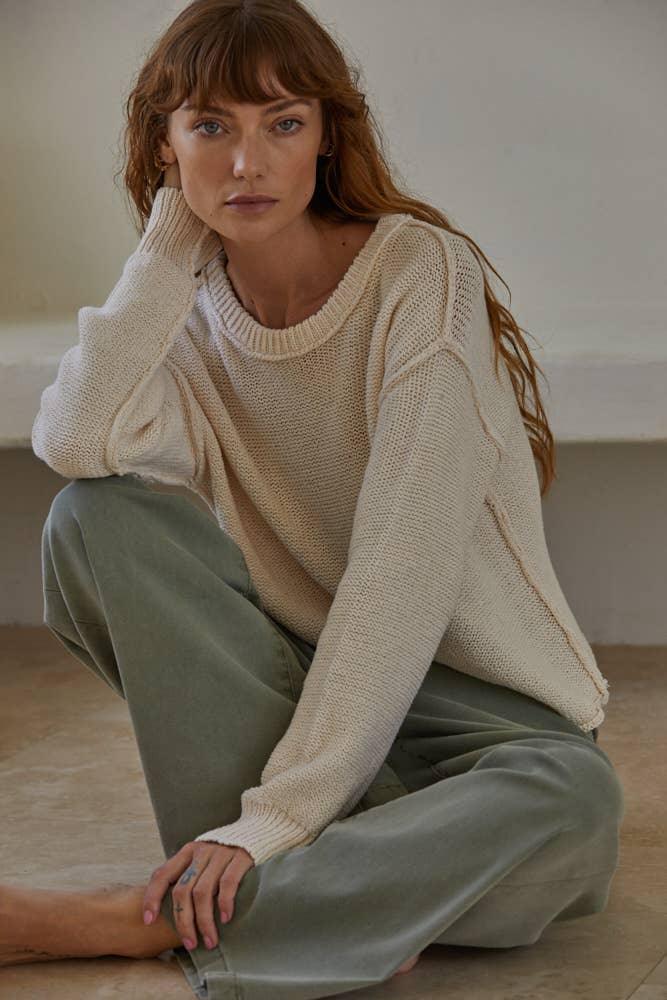Cream knit sweater and olive green pants for coastal PNW outdoor style