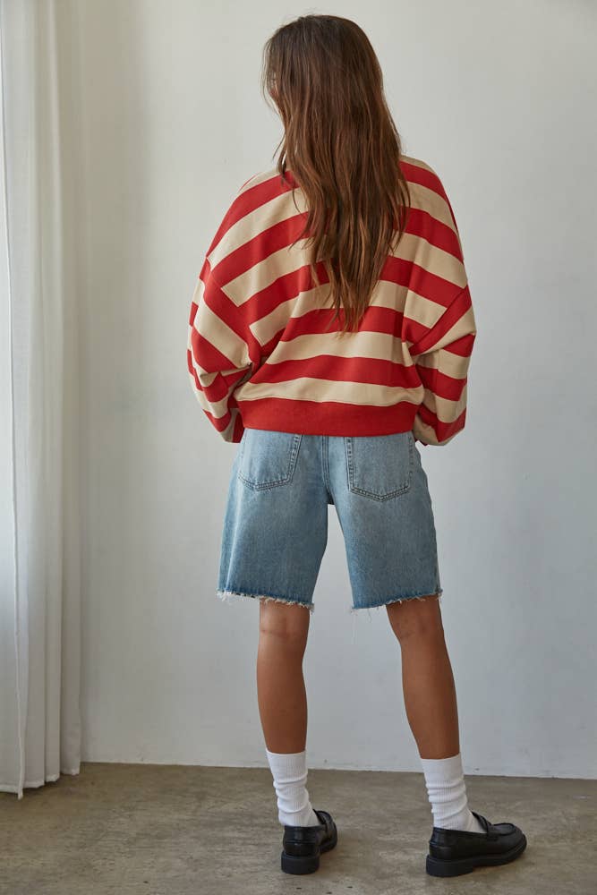 L8467 | Knit Cotton Polyester Striped Half Button Up Top