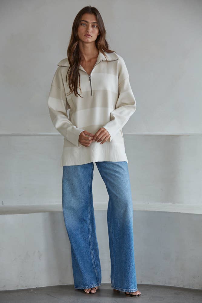 W2199 | Knit Striped Turtleneck Half Zip Up Top