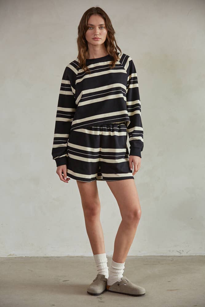 By Together L7383 | Striped Crew Neck Long Sleeve Pullover Top