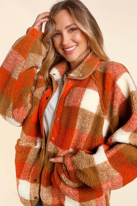 Button Down Plaid Sherpa With Side Pockets