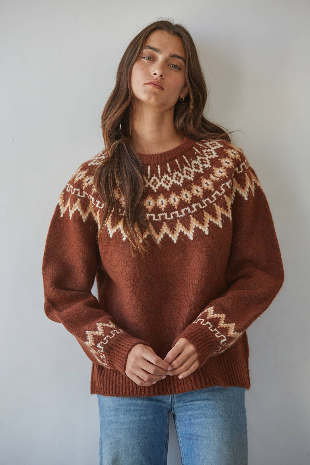 W2642 | Knit Sweater Fair Isle Mock Neck Raglan Pullover