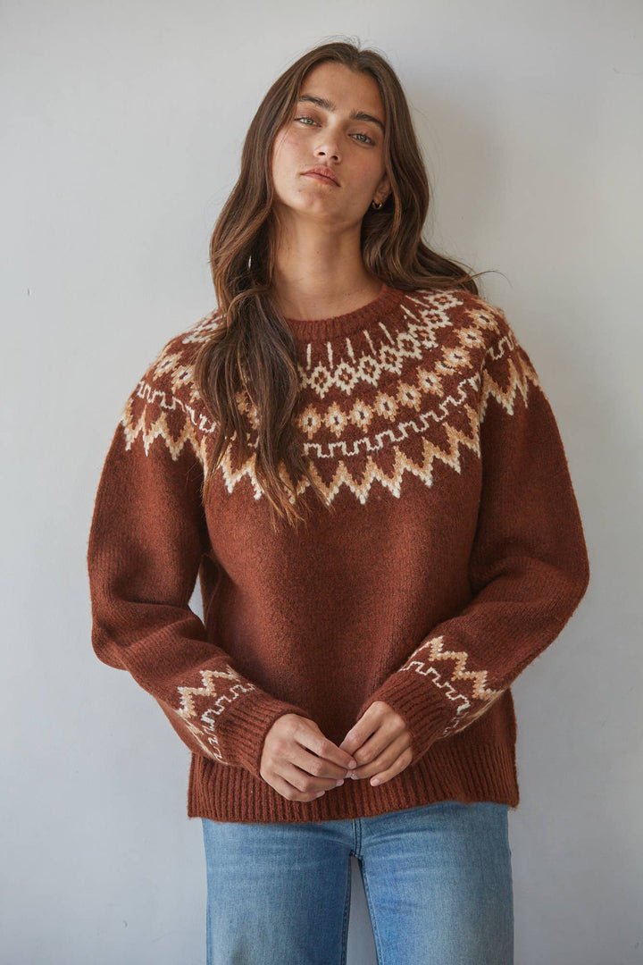 W2642 | Knit Sweater Fair Isle Mock Neck Raglan Pullover