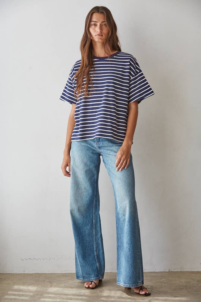 L9691 | Knit Cotton Striped Short Sleeve Crew Neck Top