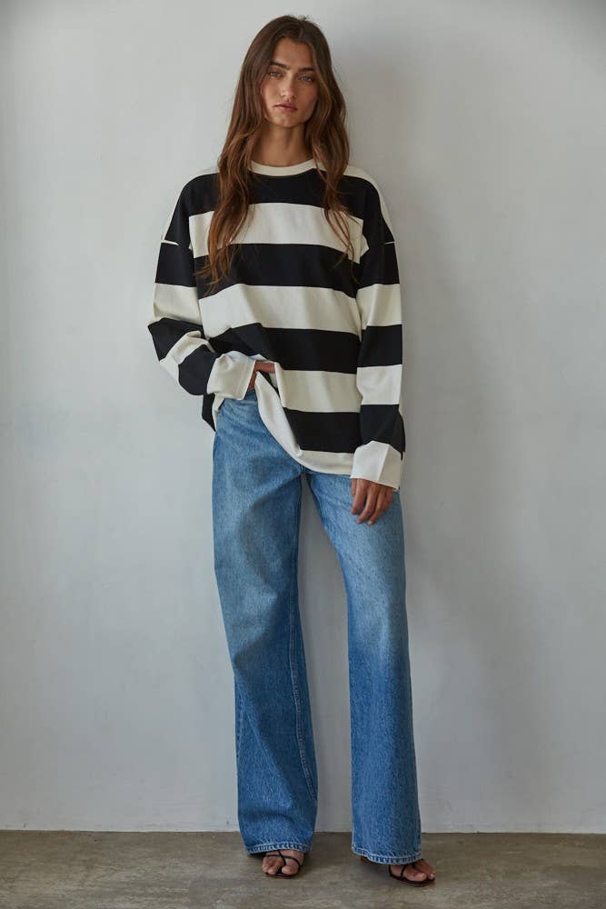 L8742 | Knit Cotton Striped Crew Neck Long Sleeve Sweatshirt