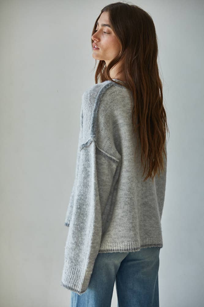 By Together W2141 | Knit Sweater Crew Neck Pullover Top With Rolled Edge