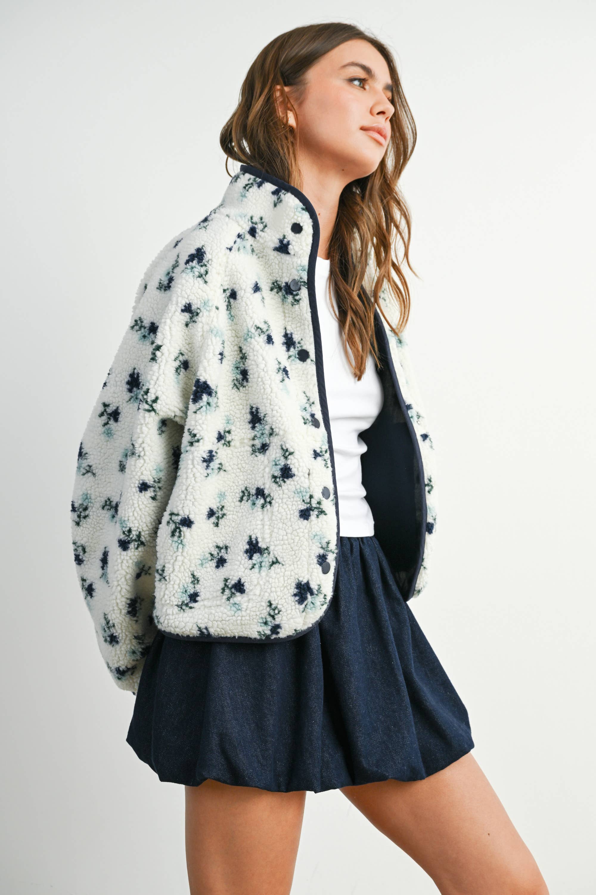 Floral Print Fluffy Fleece Jacket - BMJ7811