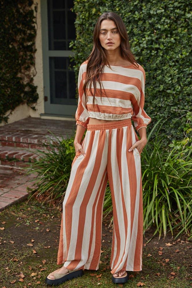 L9809T | Woven Rayon Nylon Striped Short Sleeve Crop Top