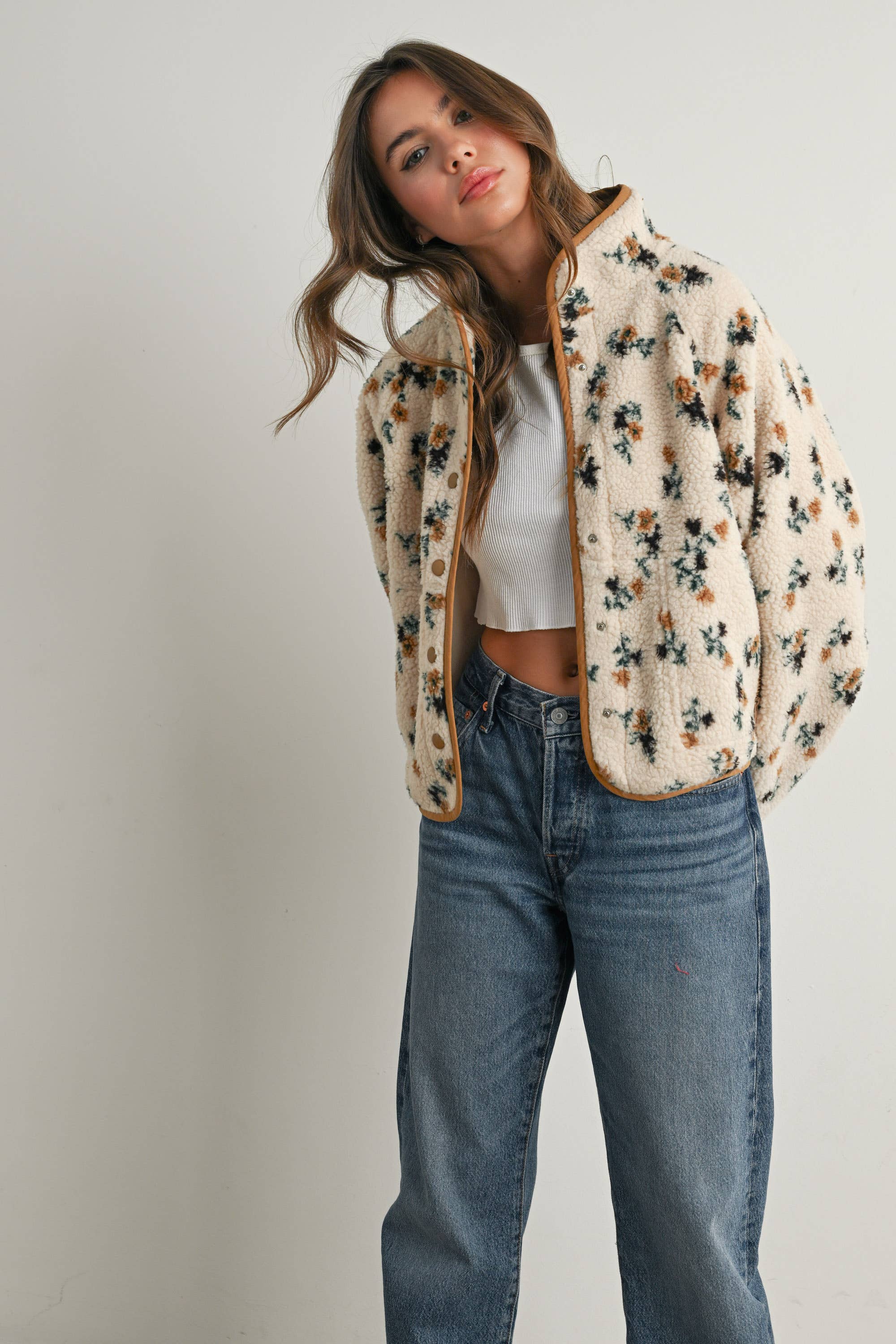 Floral Print Fluffy Fleece Jacket - BMJ7811
