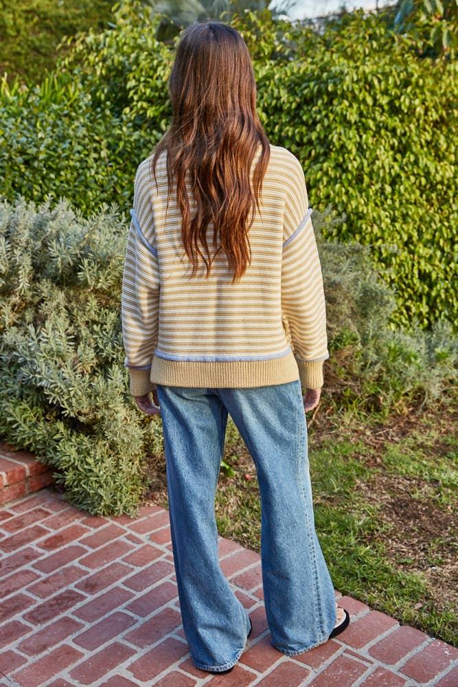 W2416 | Knit Sweater Cotton Polyester Striped Contrast Seam