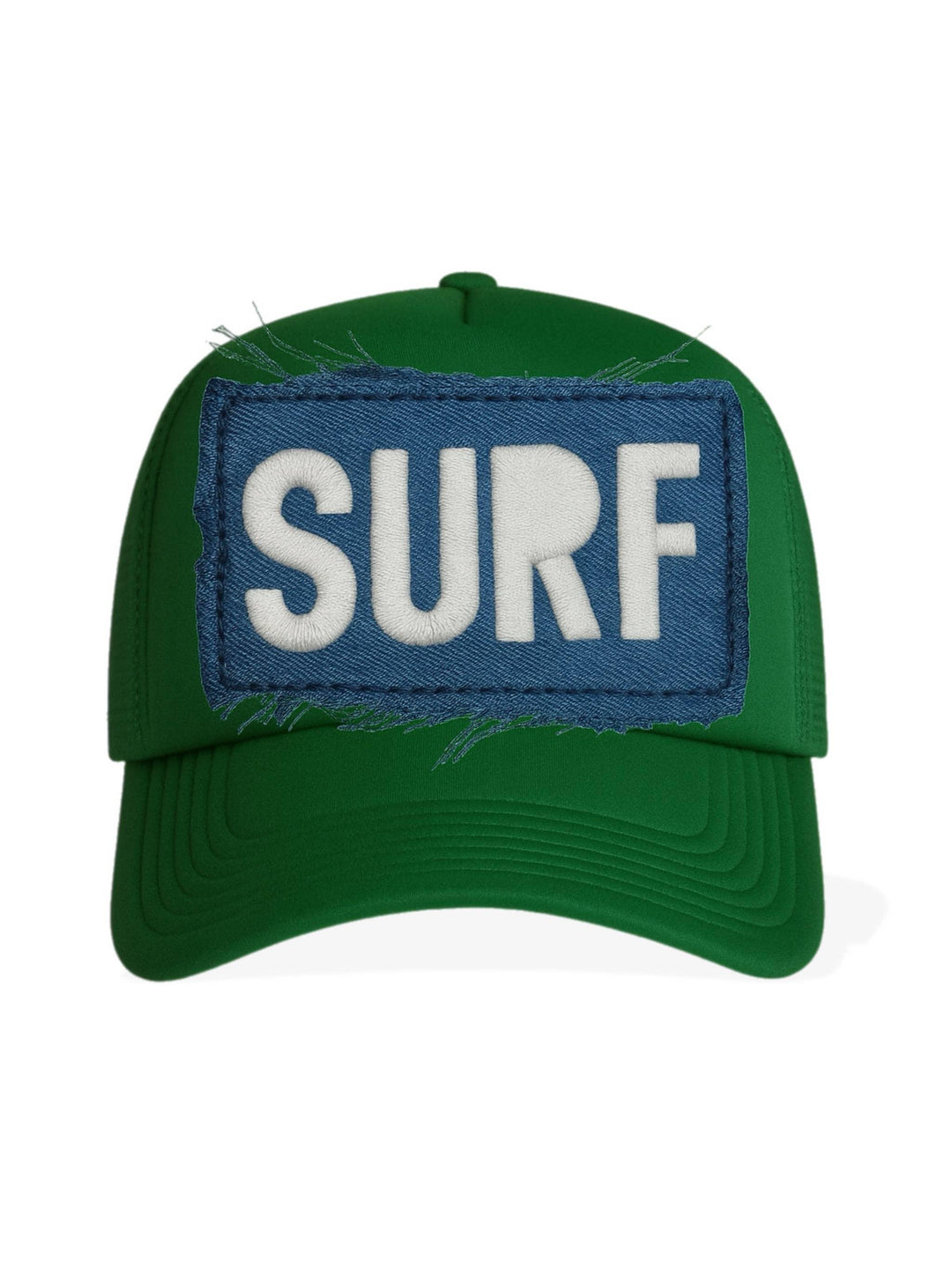 Green trucker hat with blue denim patch and white embroidered SURF text, coastal outdoor style