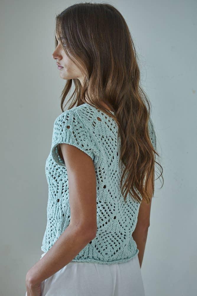 Mint green crochet knit top with openwork pattern, short sleeves, and relaxed fit for women