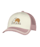 Pink and cream trucker hat with coastal sunset logo, perfect for PNW beach days and outdoor adventures.