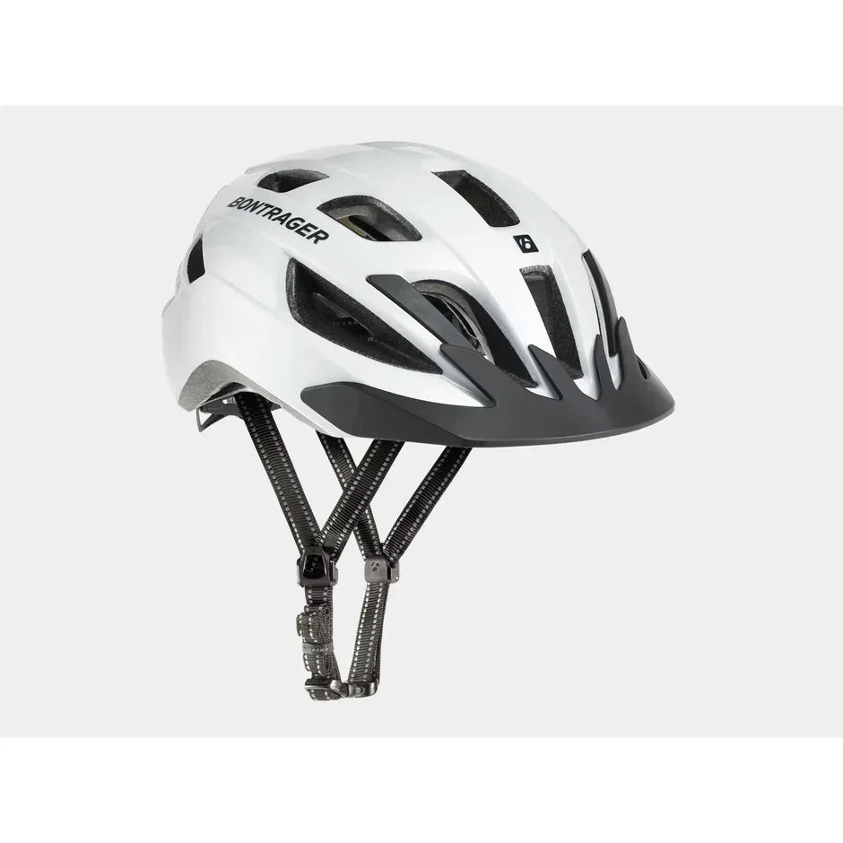 White Bontrager bike helmet with black vents and straps for cycling safety