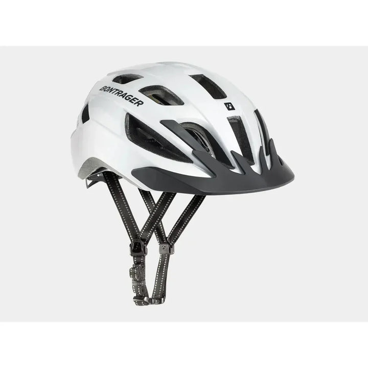 White Bontrager bike helmet with black vents and straps for cycling safety