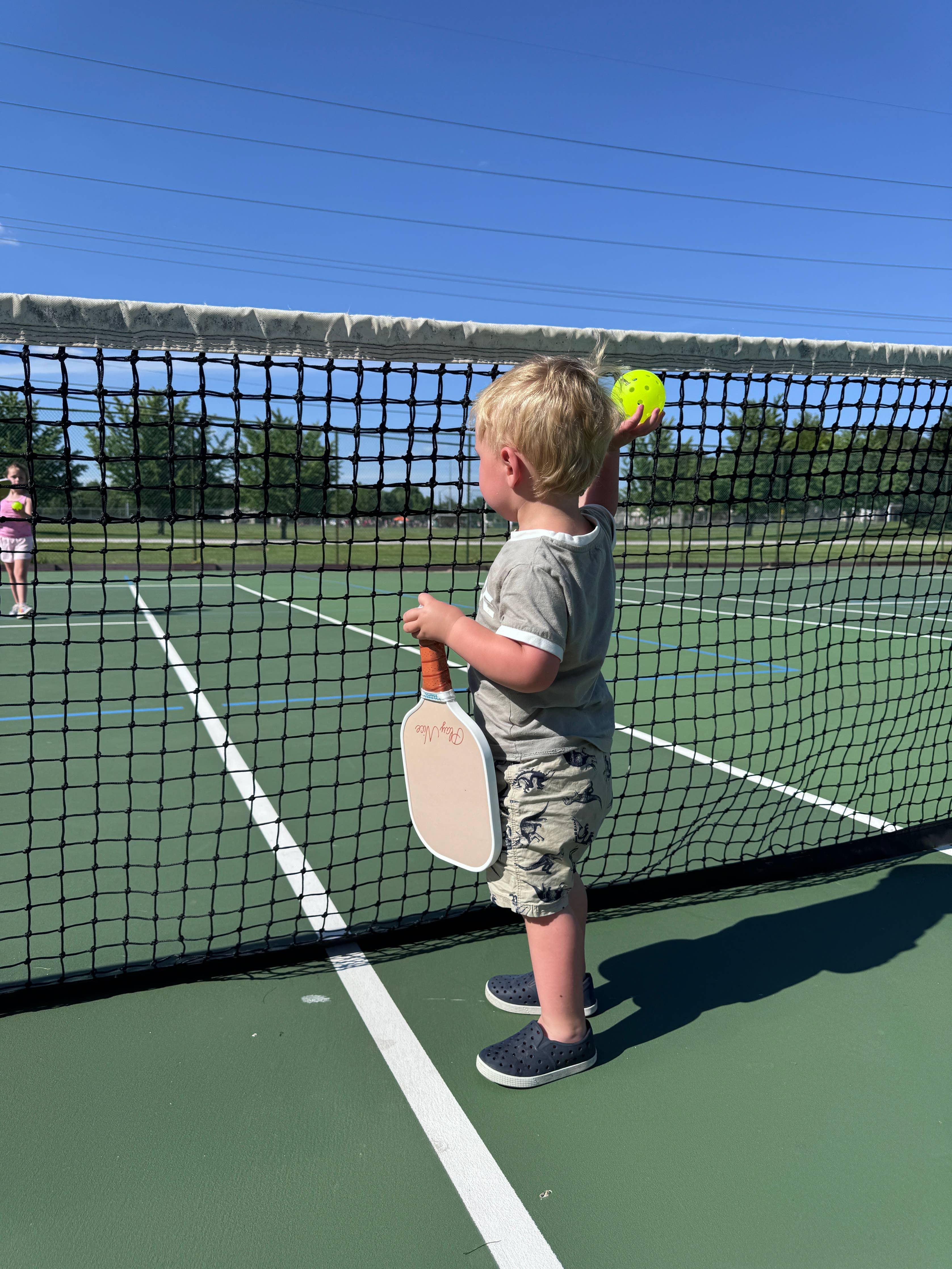 Toddler holding pickleball paddle and ball on outdoor court, ready to play under sunny sky
