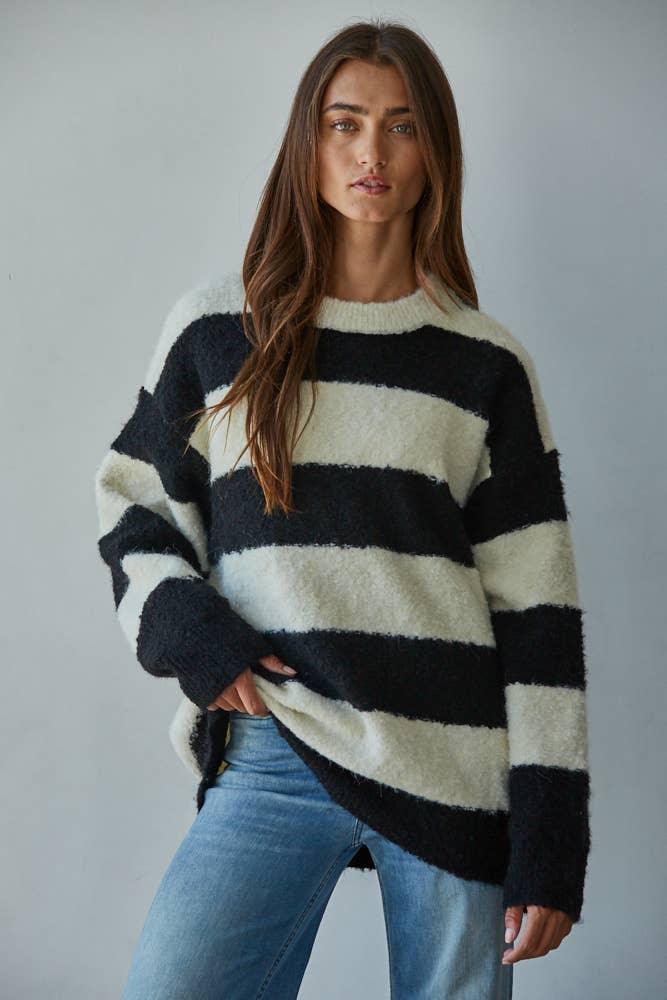 Cozy black and cream striped fuzzy sweater for coastal PNW style