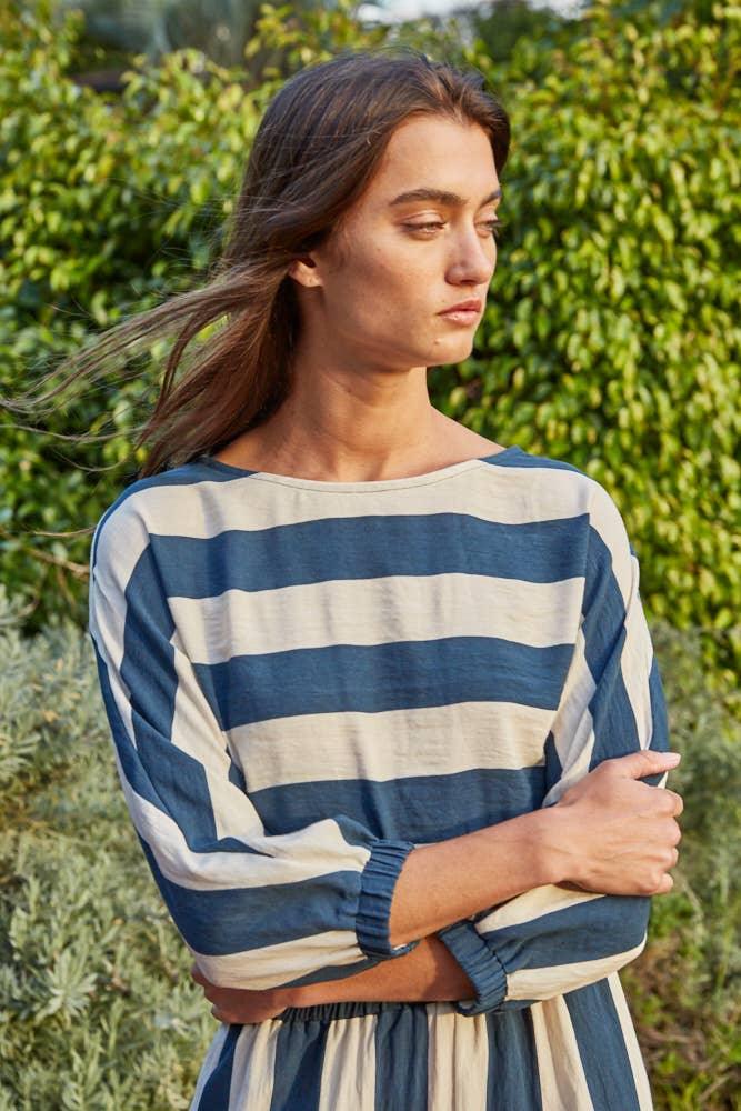 L9809T | Woven Rayon Nylon Striped Short Sleeve Crop Top