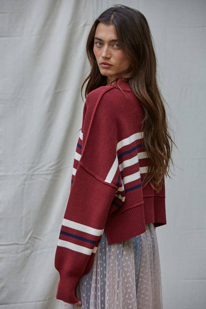 By Together W2227 | Knit Sweater Acrylic Cotton Multi Stripe Pullover