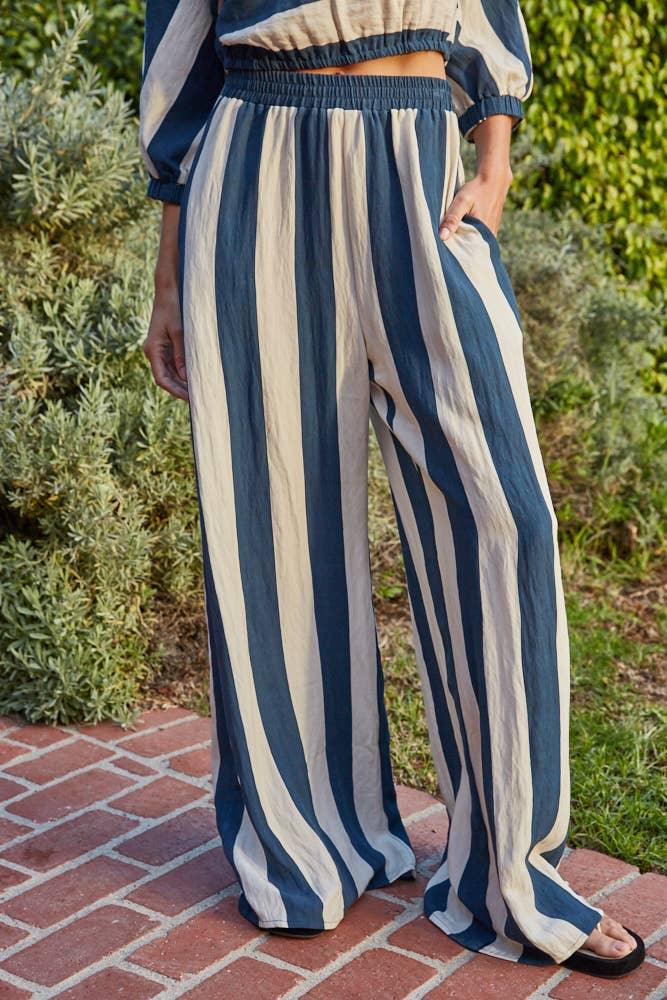 L9809B | Woven Rayon Nylon Striped Wide Leg Pants