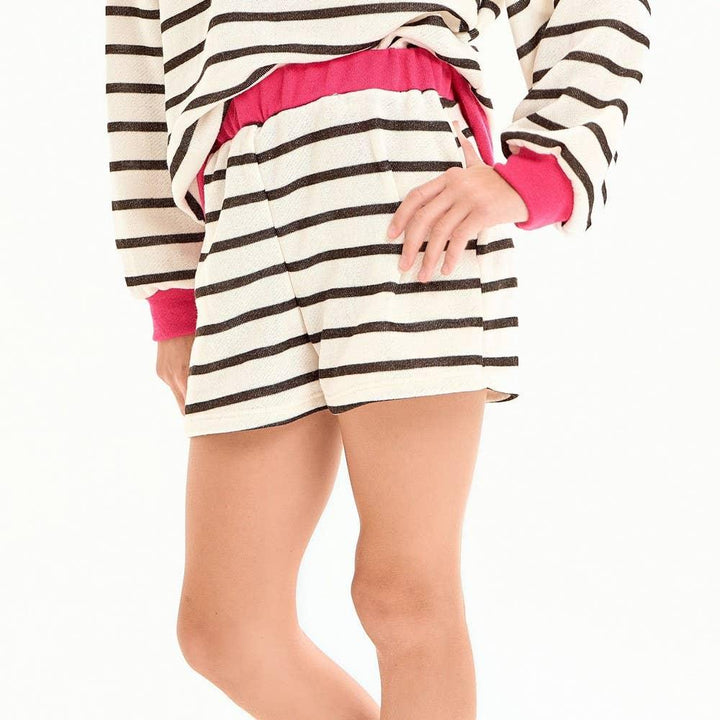 Striped black and white shorts with pink waistband, coastal style loungewear