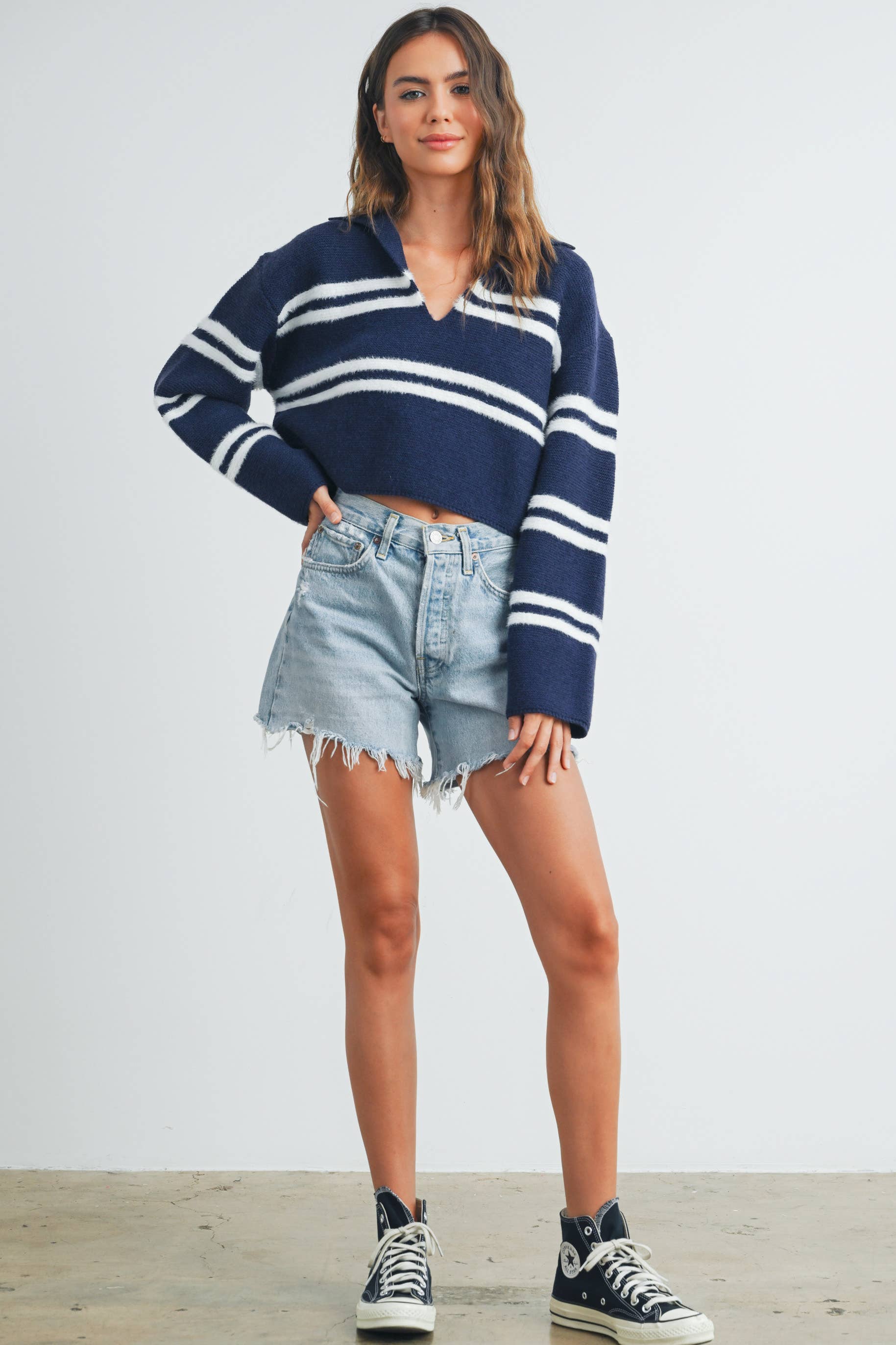 ButterMelonStripe Crop Collar Sweater Top - BMW7393
