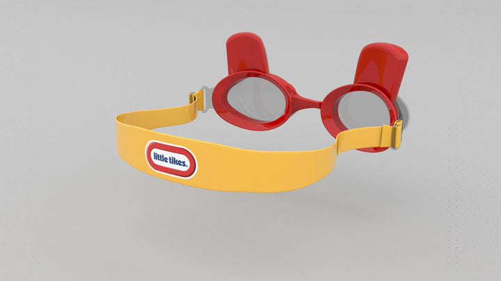 PoolCandy Little Tikes Cozy Coupe 3D swim goggles with red frames and yellow strap.