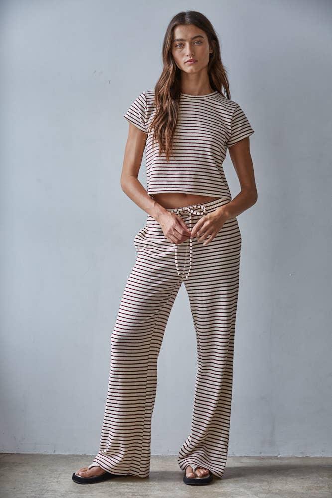 L8945B | Knit Polyester Cotton Striped Flare Pants