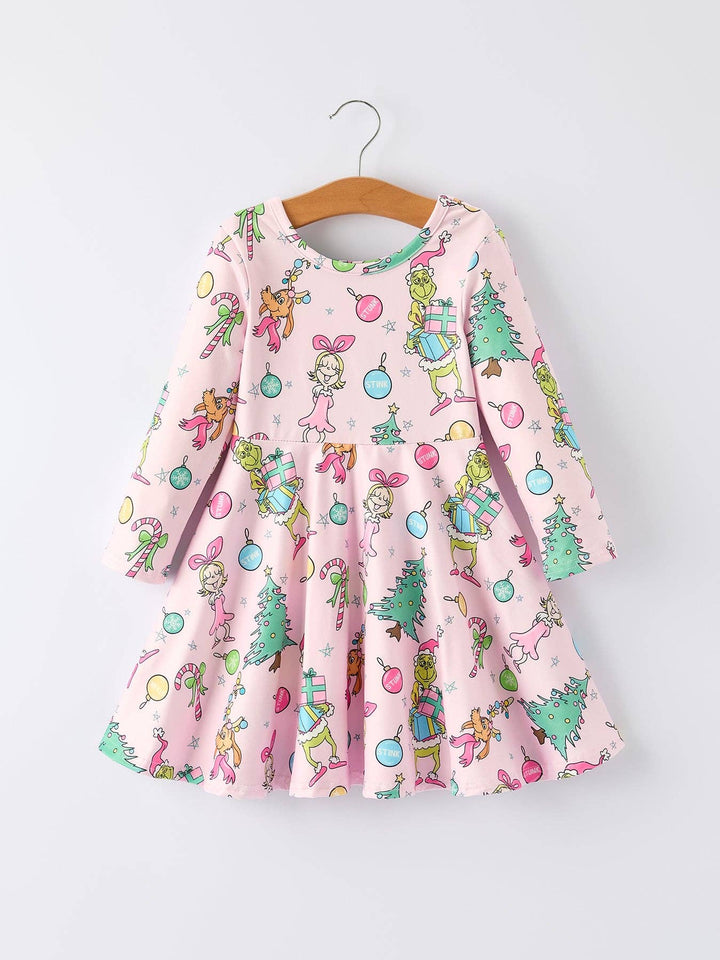 Pink Christmas Character Print Long Sleeve Girls Dress