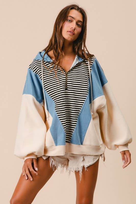 Stripe And Denim Mixed Hoodie Top