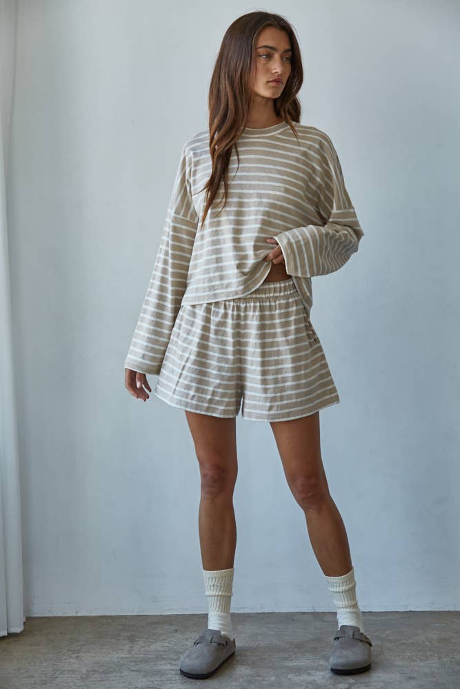 L8797B | Knit Cotton Striped Elastic Waist Shorts