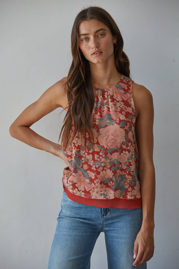 L9941 | Woven Polyester Chiffon Floral Print Sleeveless Top