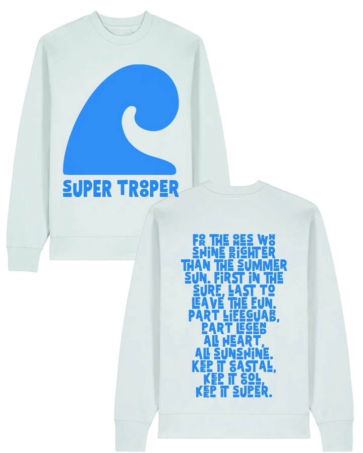 Light blue crewneck sweatshirt with bold blue wave graphic and &