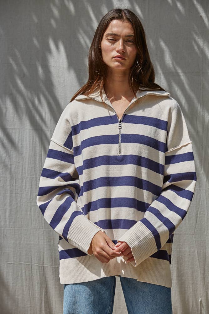 W2568 | Knitted Front Quarter Zipper Striped Mock Pullover