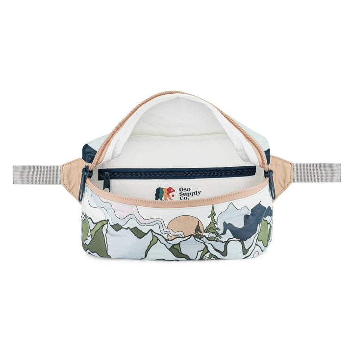 Mountain-themed fanny pack with scenic print and Oso Supply Co. branding, ideal for outdoor adventures.
