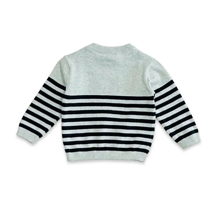 Gray kids sweater with black stripes, cozy knit design for toddlers