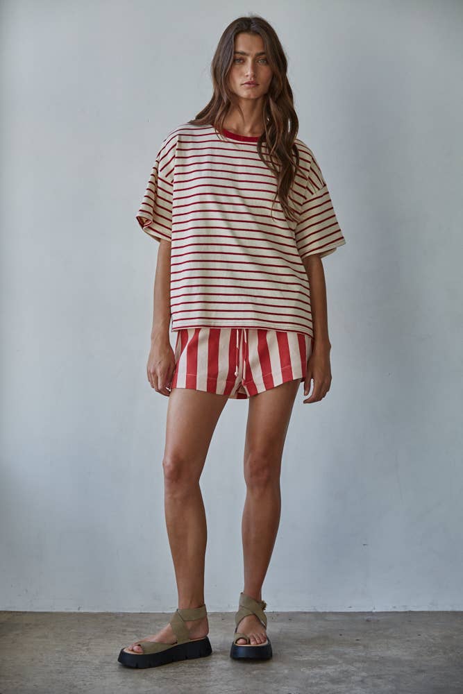 L9691 | Knit Cotton Striped Short Sleeve Crew Neck Top