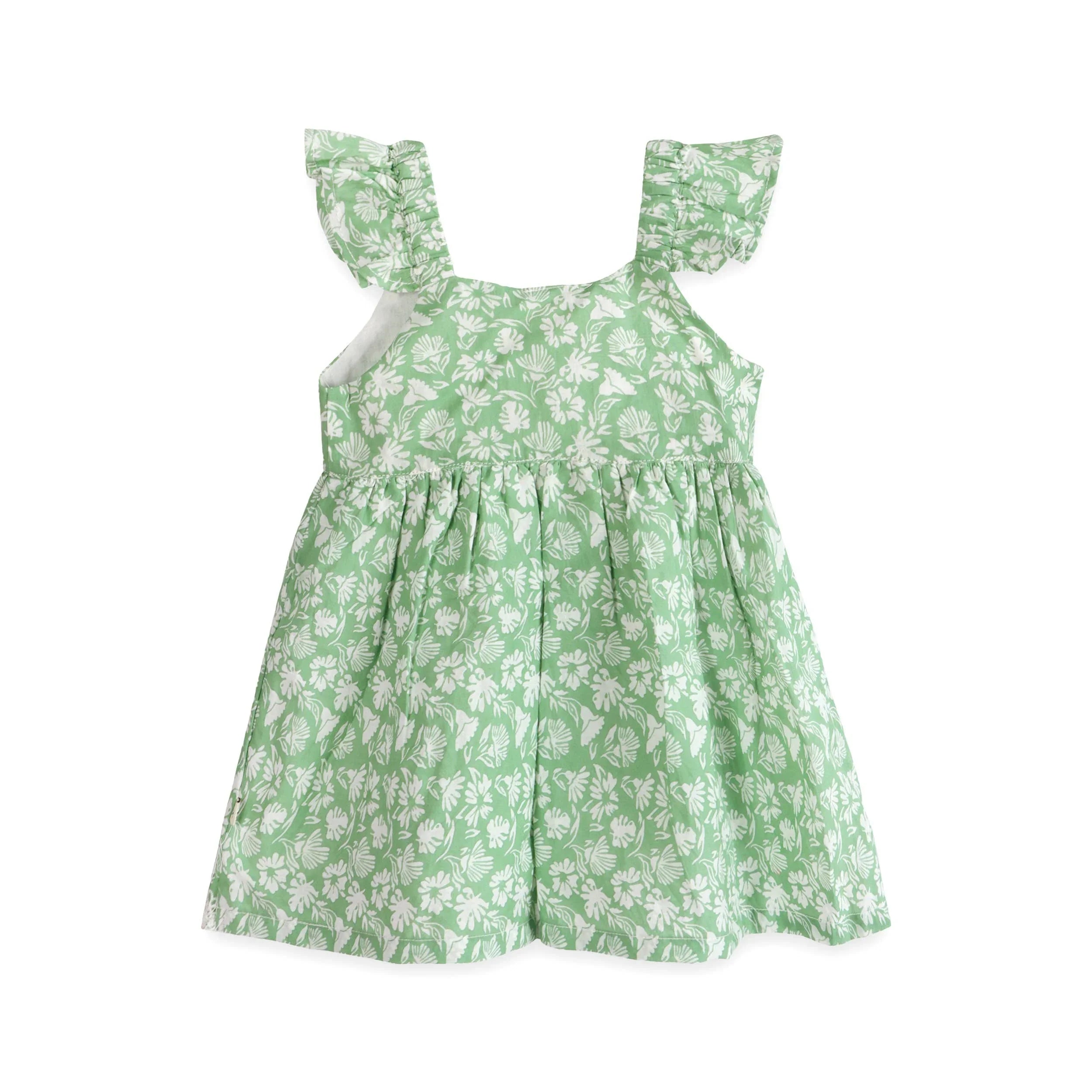 Green floral baby dress with ruffled sleeves and tiered skirt, perfect for summer outings
